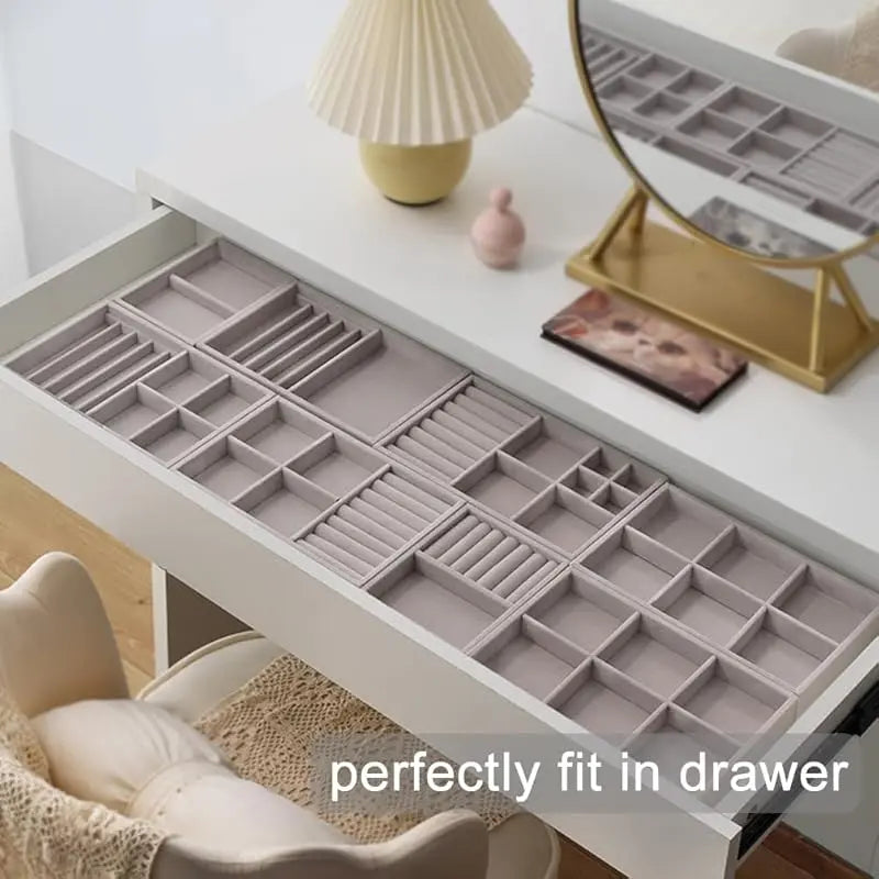 10 Pack Jewelry Trays Drawers, Stackable Jewelry Drawer Organizers Storage Display, Velvet Jewelry Organizer Inserts Drawers Ring Earring Holder, Women Gifts Fit in Wardrobe Dresser