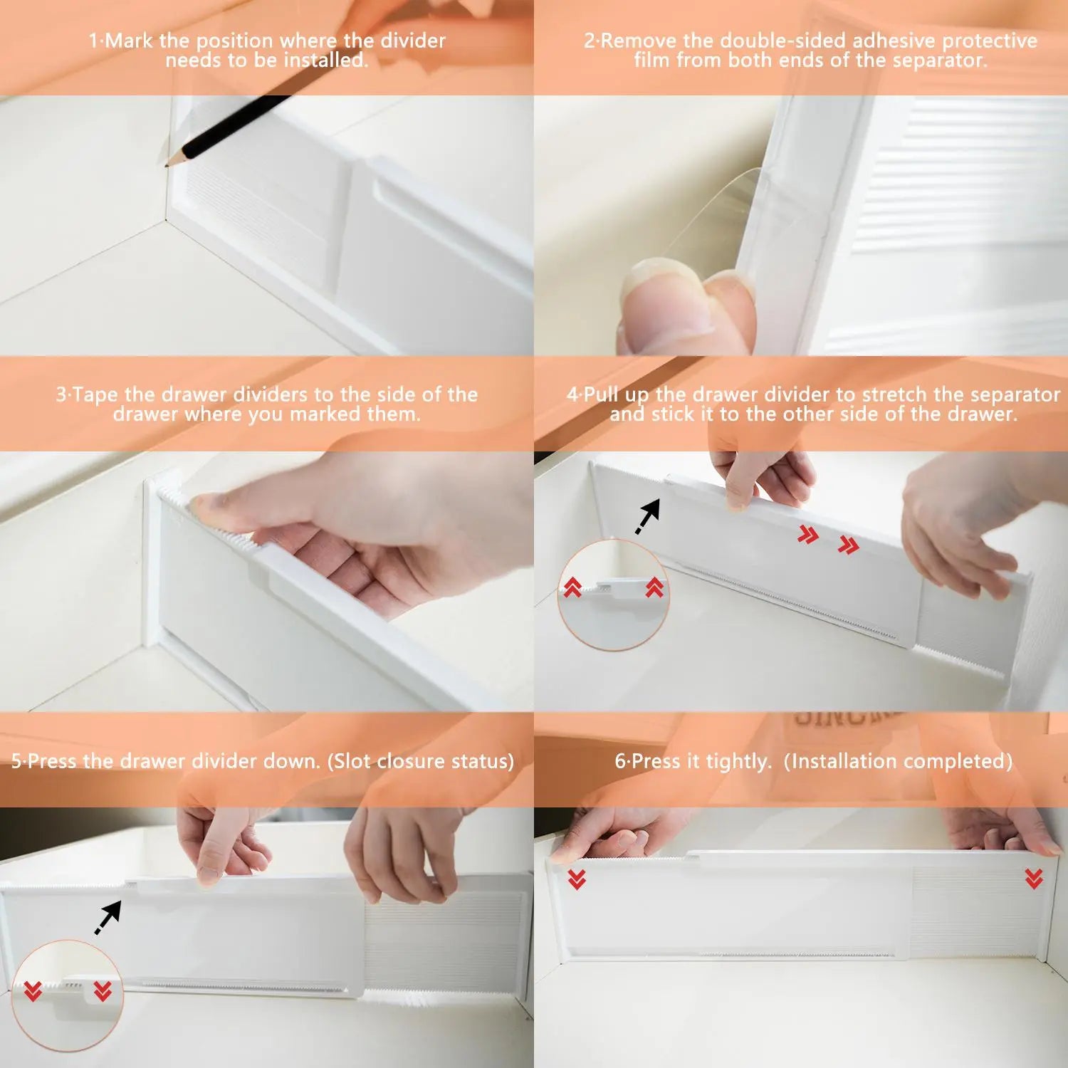 Drawer Divider, 6 Counts Adjustable Drawer Divider, Expandable Kitchen Drawer Divider, Fits Most Drawers, Installed by Double-Sided Tape, Expandable Drawer Organizer, Adjustable Dividers