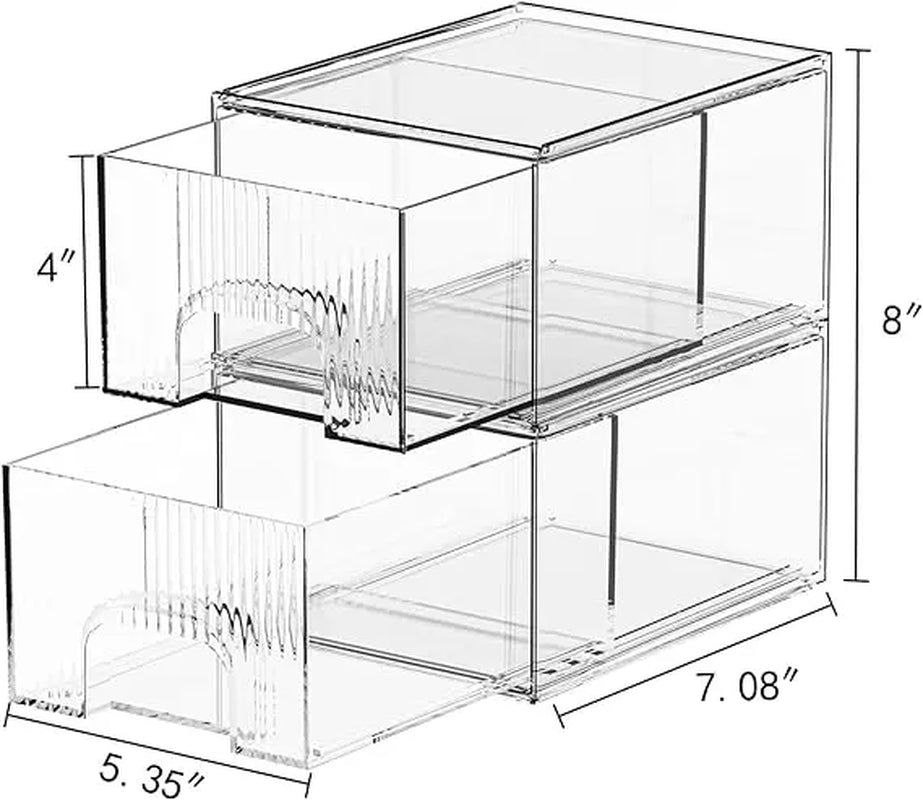 2 Pack Striped Stackable Acrylic Makeup Drawers Organizer, Clear Acrylic Cosmetic Storage Makeup Organizer Box with Drawers for Skincare Vanity Bathroom Pantry Organization Stackable