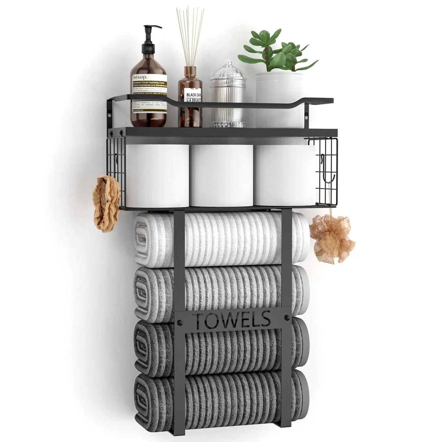 Aetyord Bathroom Organizer Towel Racks for Bathroom, Metal Towel Rack with Storage Basket,Wall Towel Rack for Rolled Towels, Towel Storage for Small Bathroom（Black，Short）