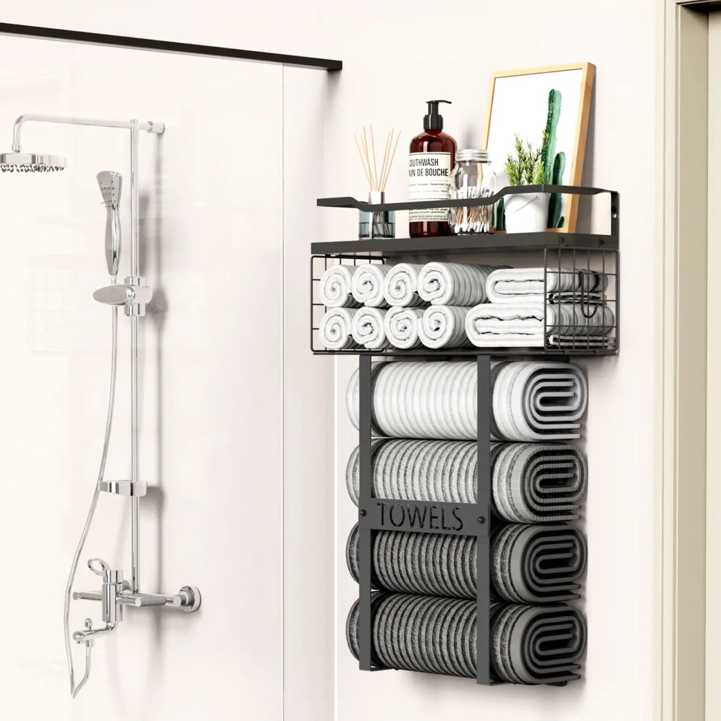 Aetyord Bathroom Organizer Towel Racks for Bathroom, Metal Towel Rack with Storage Basket,Wall Towel Rack for Rolled Towels, Towel Storage for Small Bathroom（Black，Short）