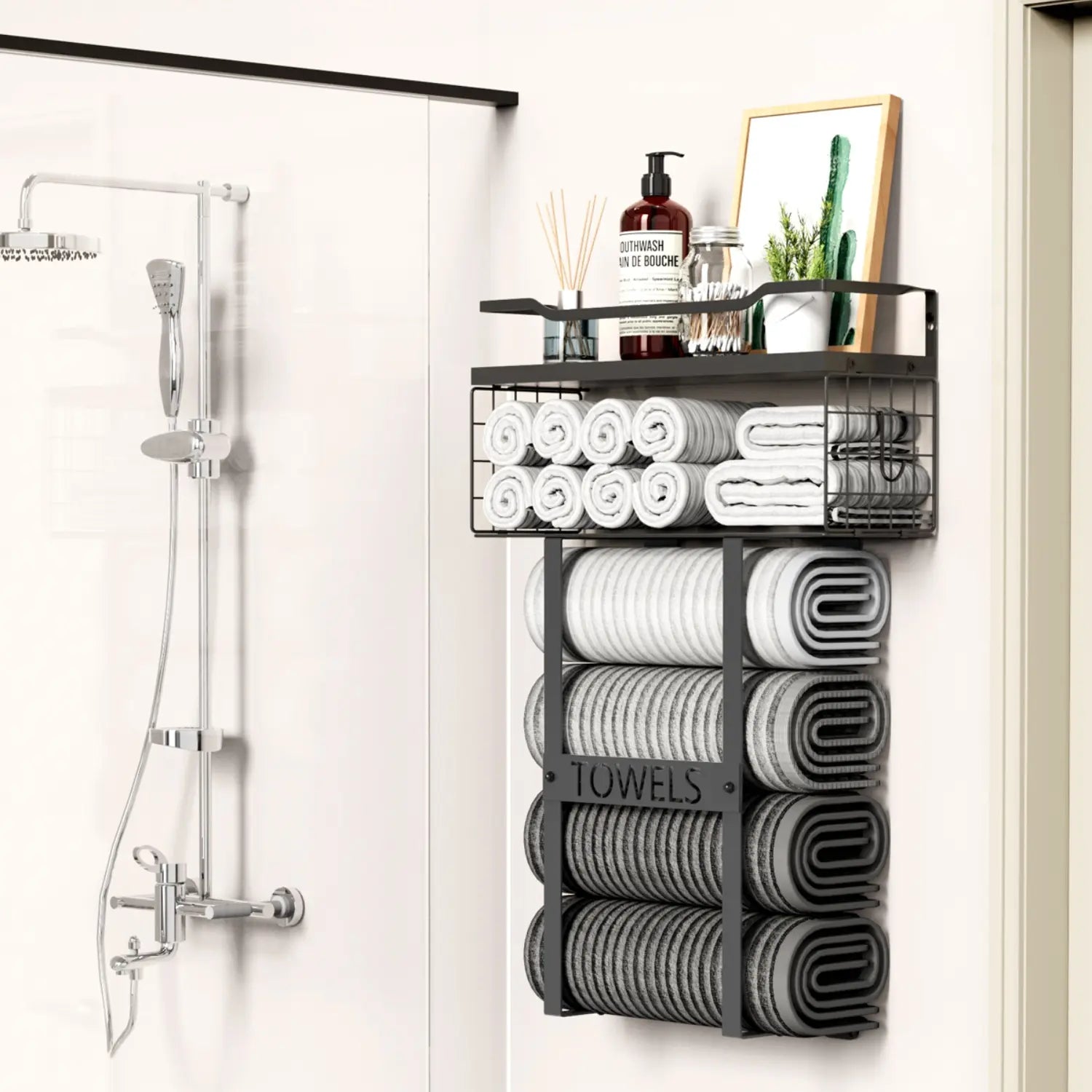 Aetyord Bathroom Organizer Towel Racks for Bathroom, Metal Towel Rack with Storage Basket,Wall Towel Rack for Rolled Towels, Towel Storage for Small Bathroom（Black，Short）