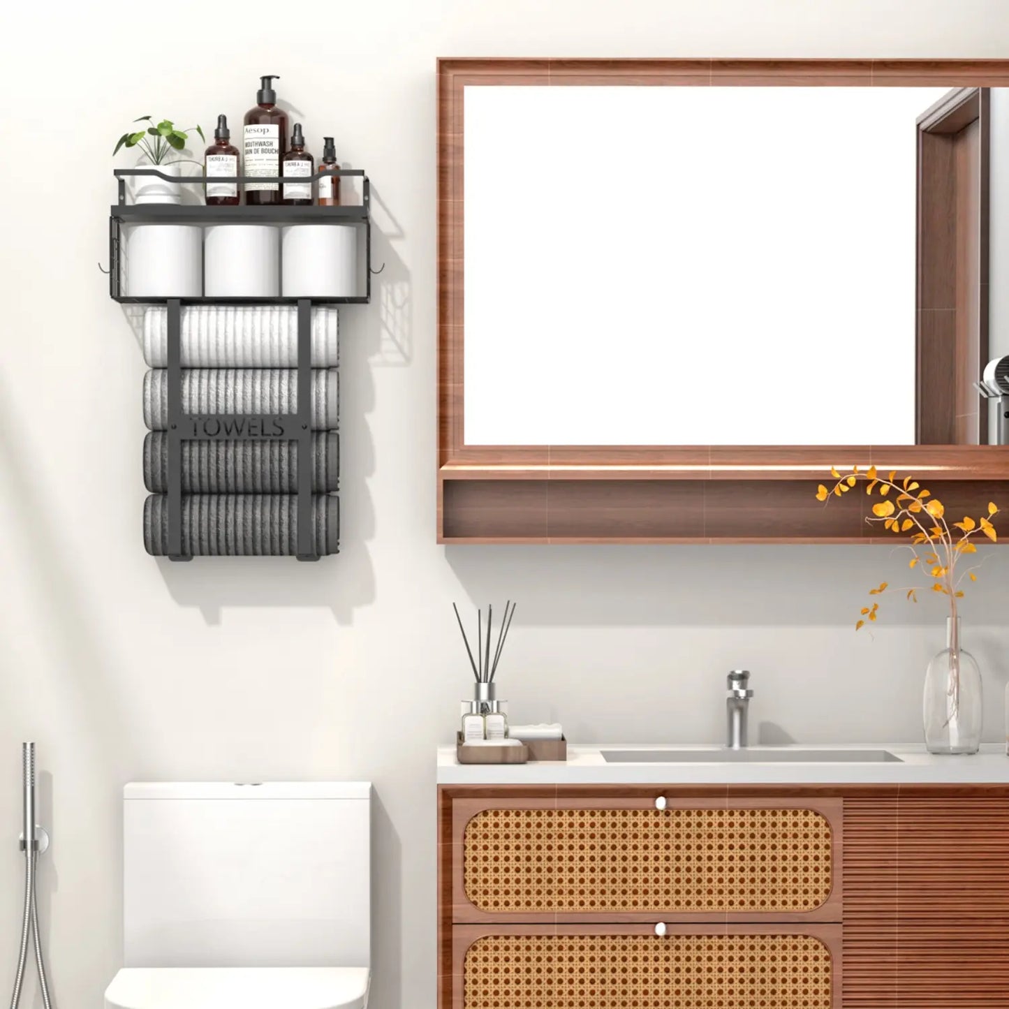 Aetyord Bathroom Organizer Towel Racks for Bathroom, Metal Towel Rack with Storage Basket,Wall Towel Rack for Rolled Towels, Towel Storage for Small Bathroom（Black，Short）