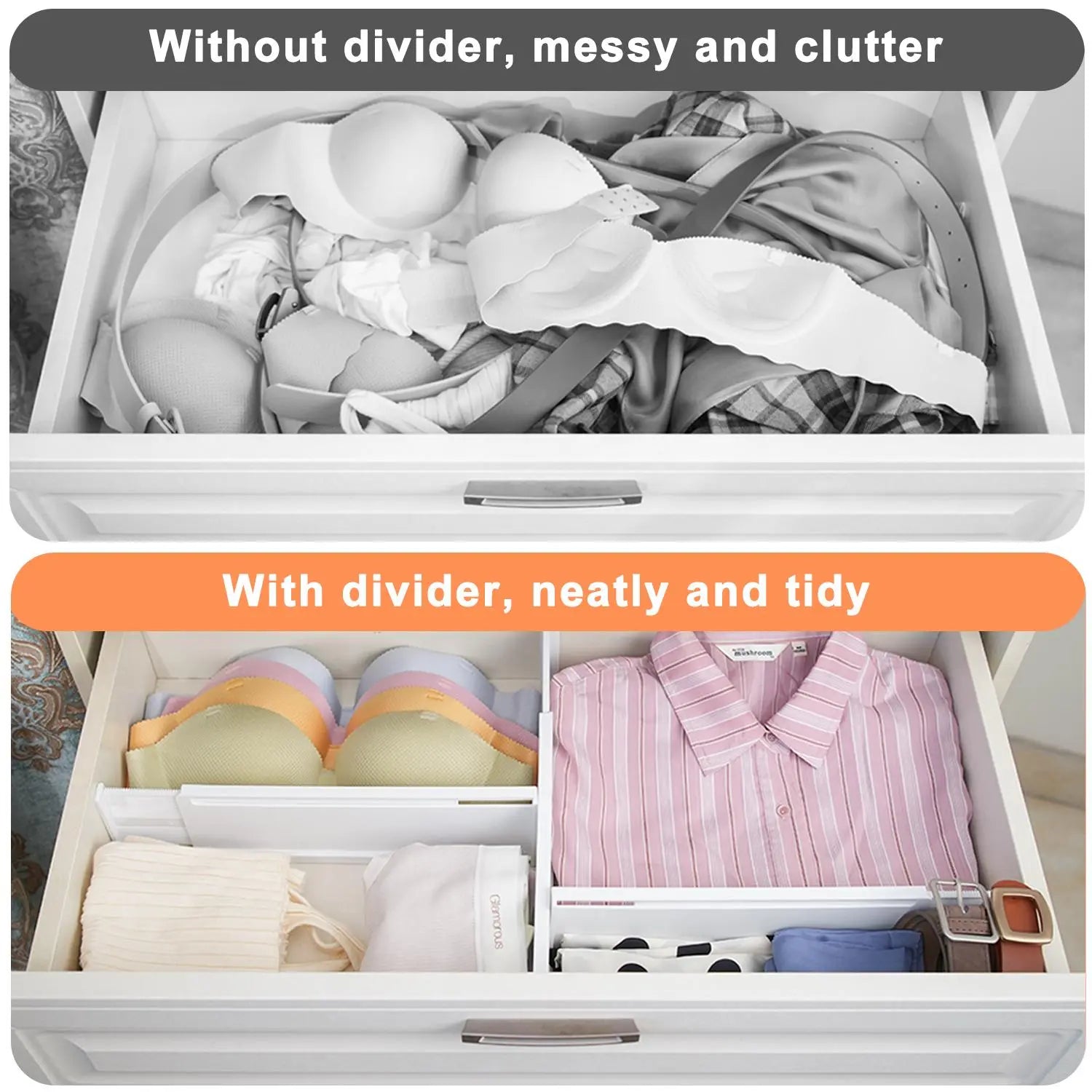 Drawer Divider, 6 Counts Adjustable Drawer Divider, Expandable Kitchen Drawer Divider, Fits Most Drawers, Installed by Double-Sided Tape, Expandable Drawer Organizer, Adjustable Dividers