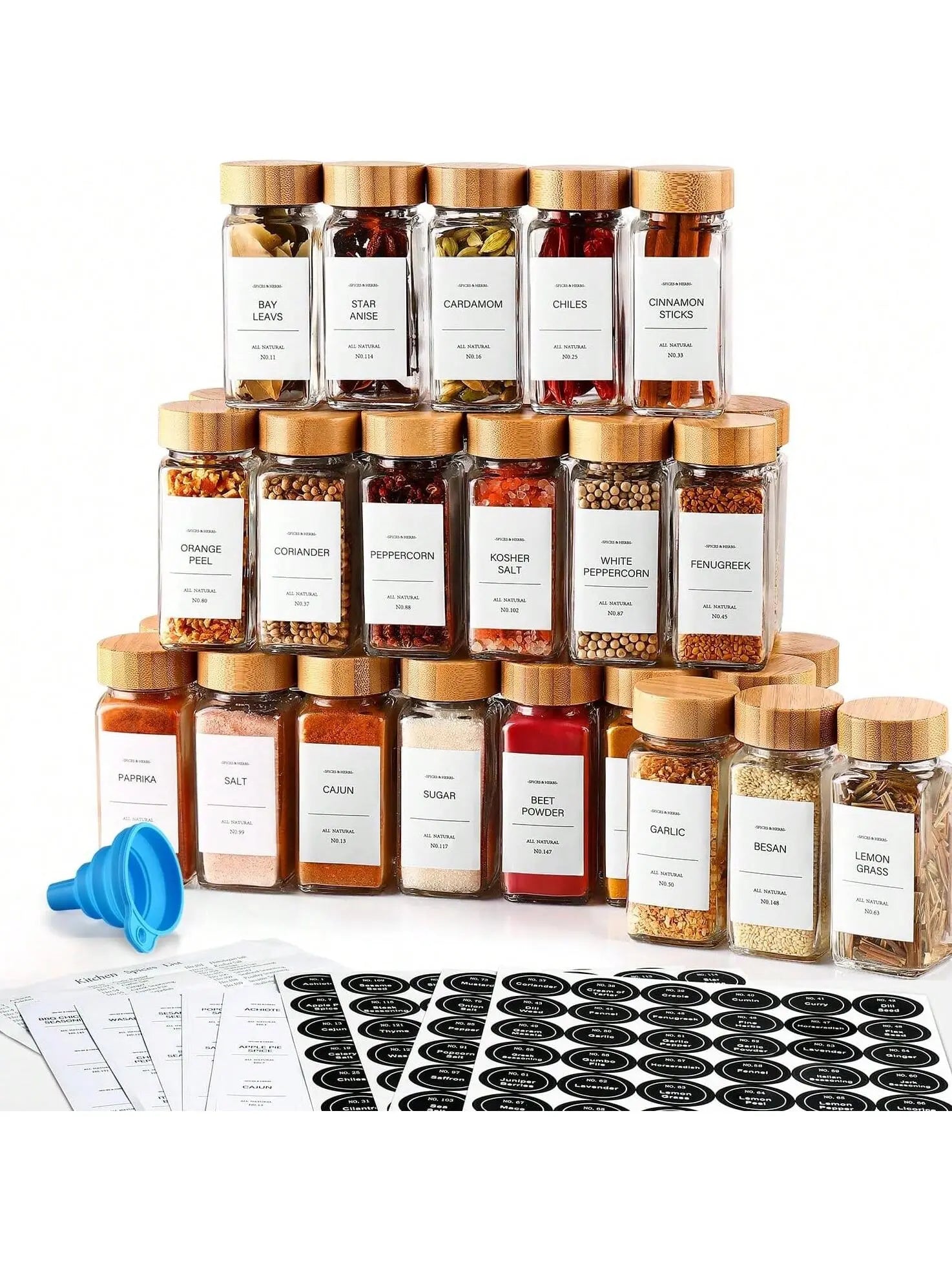 12 Pcs Glass Spice Jars Set - Dinnerware Sets with Airtight Sealing, Bamboo Lids, Shaker Lids, Silicone Funnel, and Label for Easy Refilling and Organization