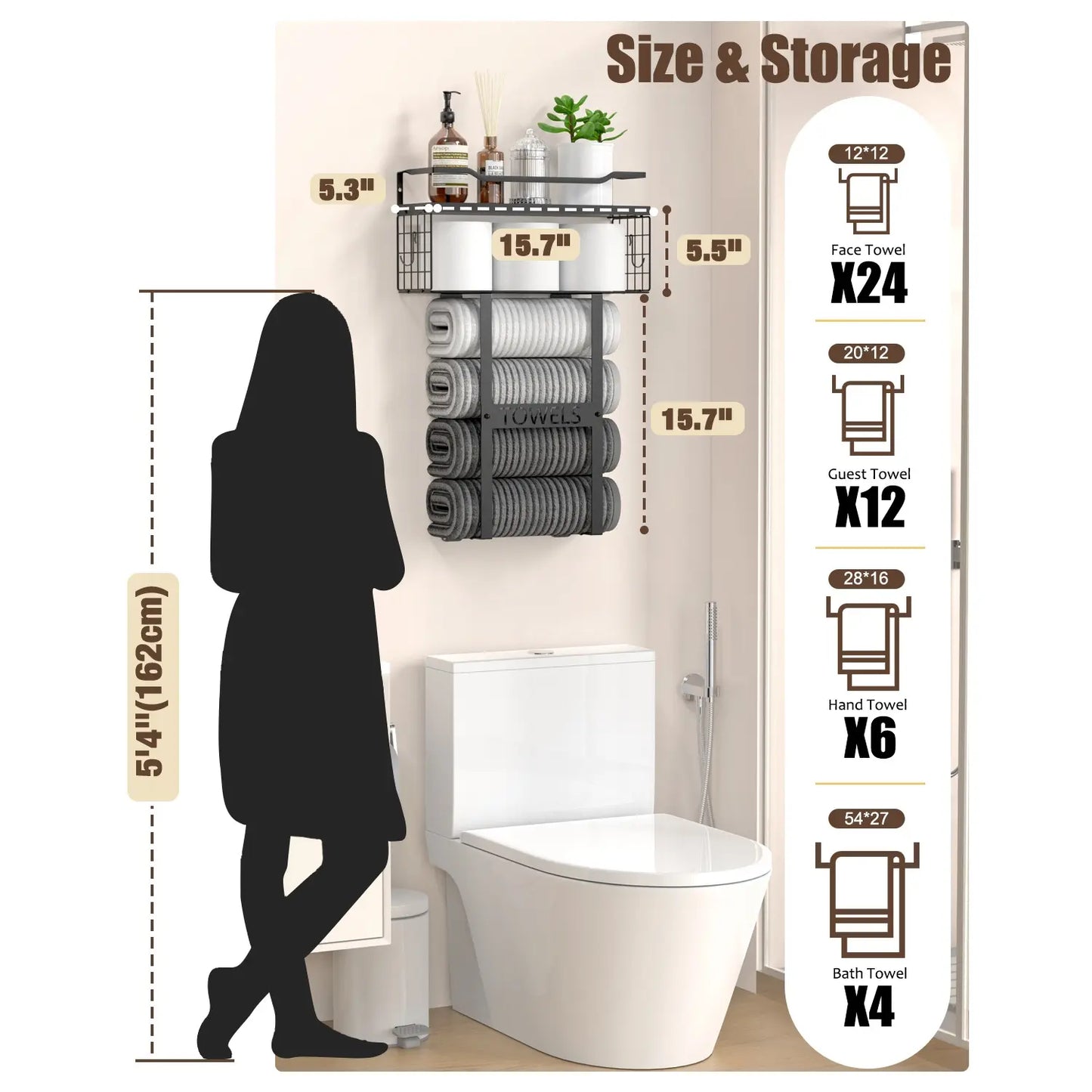Aetyord Bathroom Organizer Towel Racks for Bathroom, Metal Towel Rack with Storage Basket,Wall Towel Rack for Rolled Towels, Towel Storage for Small Bathroom（Black，Short）