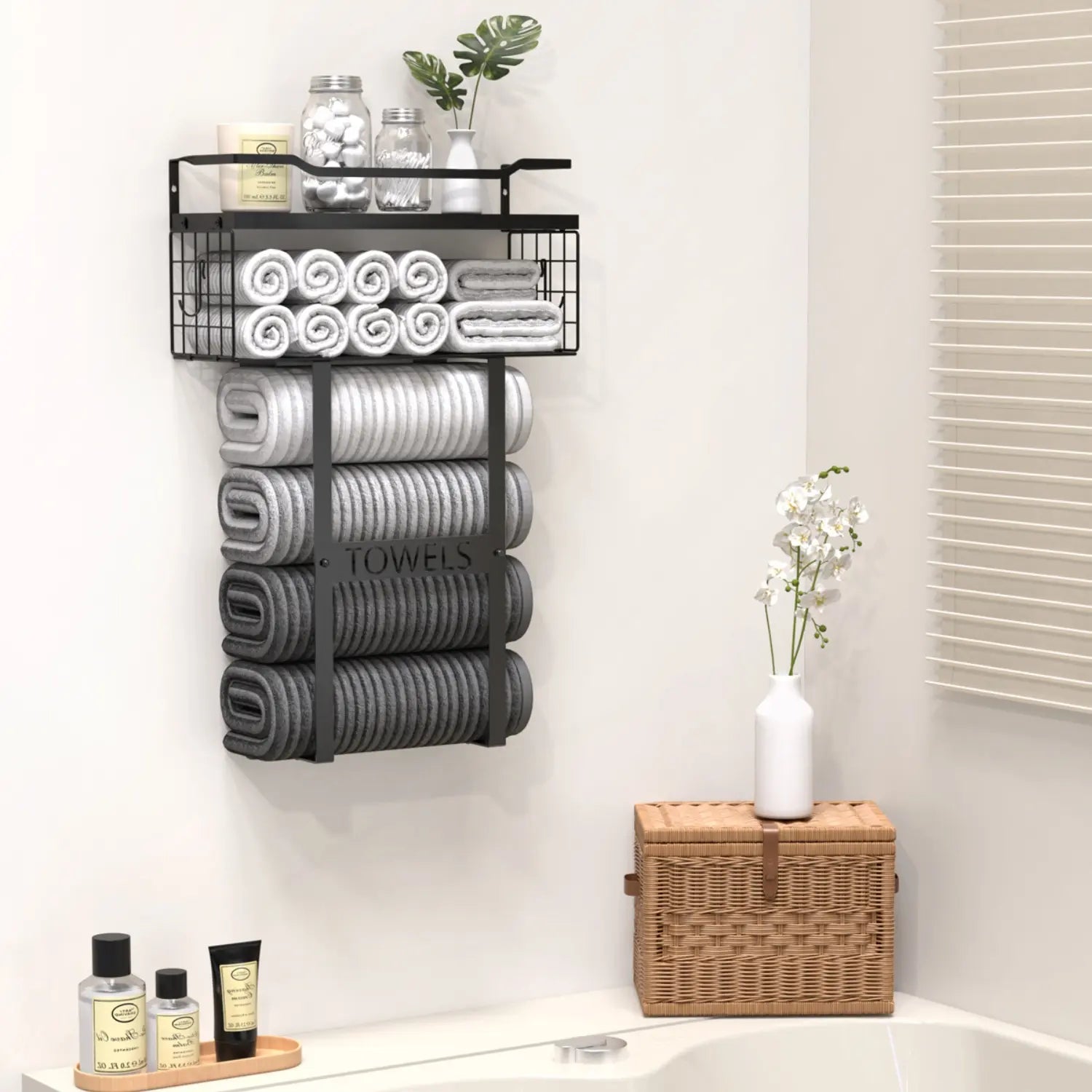 Aetyord Bathroom Organizer Towel Racks for Bathroom, Metal Towel Rack with Storage Basket,Wall Towel Rack for Rolled Towels, Towel Storage for Small Bathroom（Black，Short）