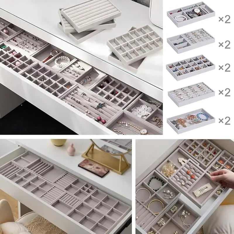 10 Pack Jewelry Trays Drawers, Stackable Jewelry Drawer Organizers Storage Display, Velvet Jewelry Organizer Inserts Drawers Ring Earring Holder, Women Gifts Fit in Wardrobe Dresser