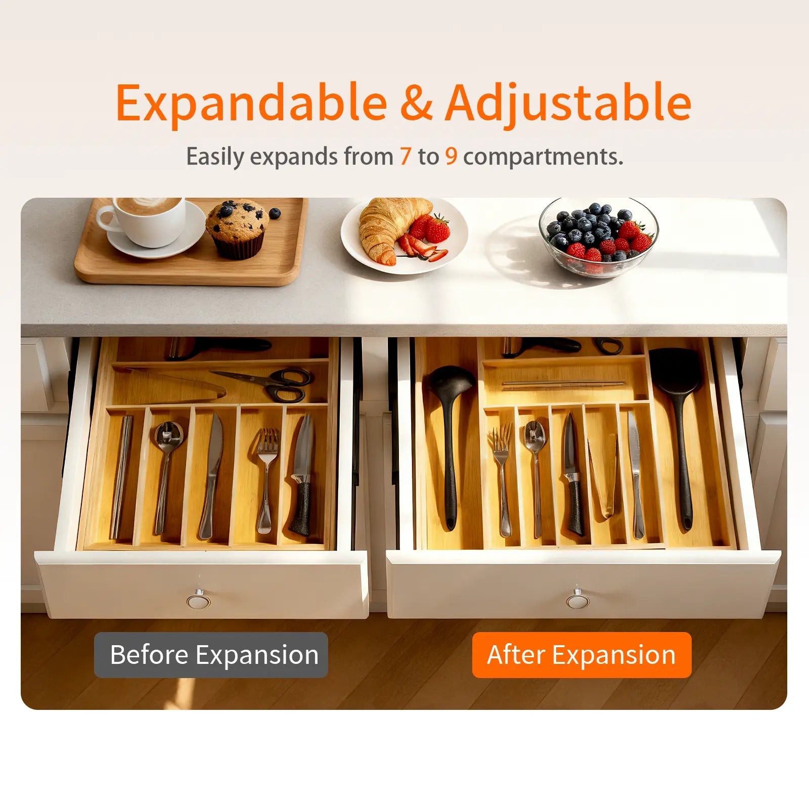 WGCTEK Expandable Kitchen Drawer Organizer Adjustable Utensil Holder & Cutlery Tray Organiser for Silverware Flatware Knives in Kitchen Drawer Divider