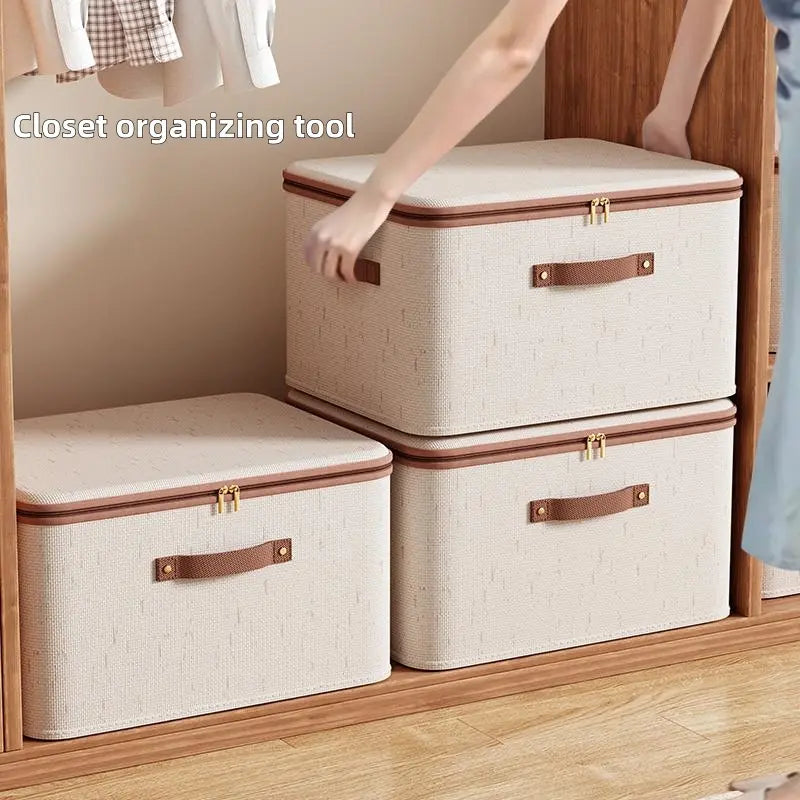 Large Capacity Cotton Linen Storage Box with Zipper, Multi-Functional Organizer for Clothes Bedding Bedroom Closet Office Car Trunk, Clothes Storage Organiser