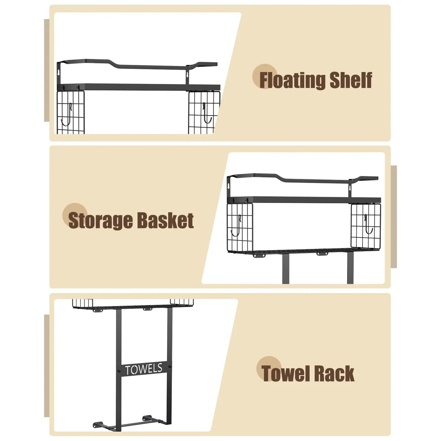 Aetyord Bathroom Organizer Towel Racks for Bathroom, Metal Towel Rack with Storage Basket,Wall Towel Rack for Rolled Towels, Towel Storage for Small Bathroom（Black，Short）