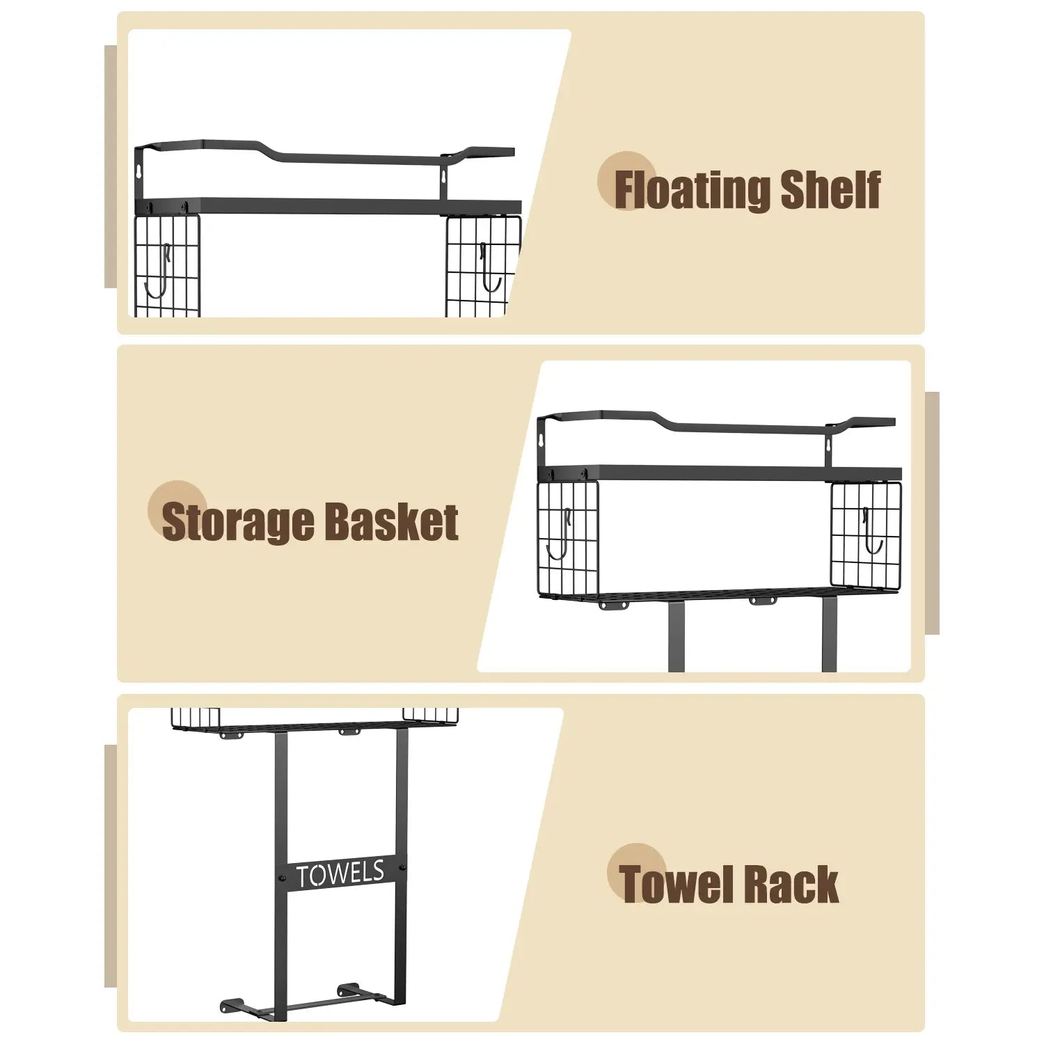 Aetyord Bathroom Organizer Towel Racks for Bathroom, Metal Towel Rack with Storage Basket,Wall Towel Rack for Rolled Towels, Towel Storage for Small Bathroom（Black，Short）