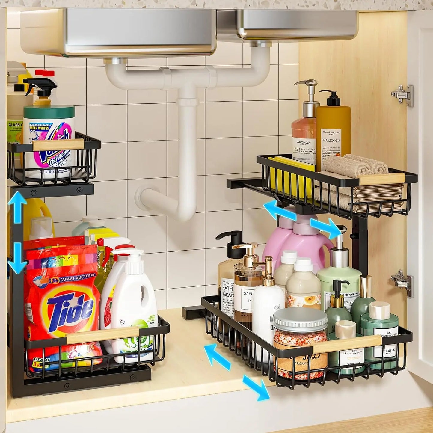 Under Sink Organizer, Height Adjustable under Sink Organizers and Storage, 2 Tier Pull Out Drawer Cabinet Organizer for Kitchen Bathroom