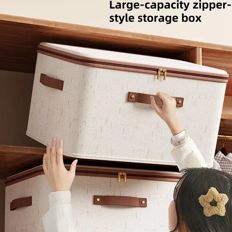 Large Capacity Cotton Linen Storage Box with Zipper, Multi-Functional Organizer for Clothes Bedding Bedroom Closet Office Car Trunk, Clothes Storage Organiser