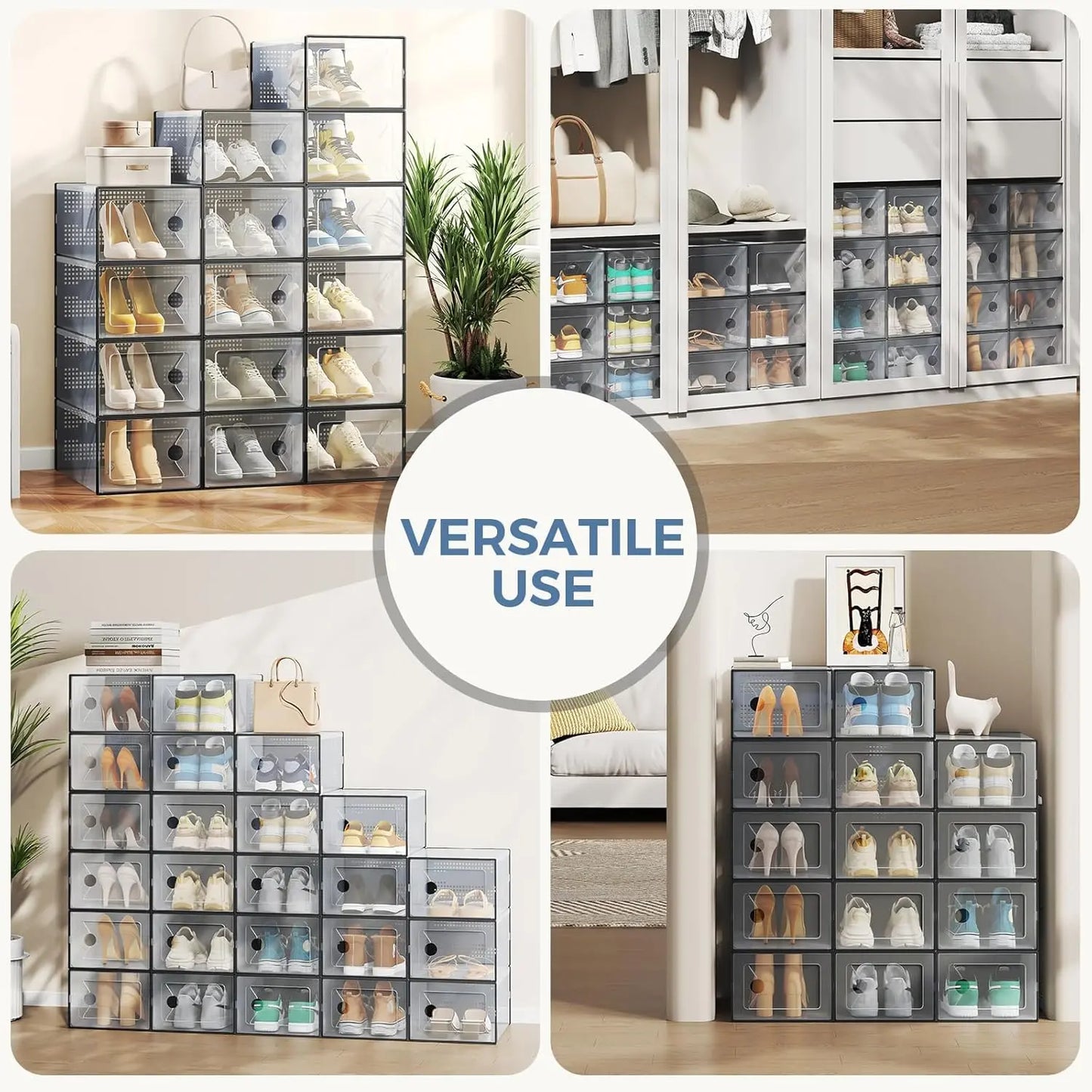 Sweetcrispy 12-Pack Durable PE Plastic Configurable Shoe Storage Boxes with Lids, Stackable High-Capacity Organizer for Closet, Wedges, Closet Organization, Easy to Clean with Mild Soap and Water