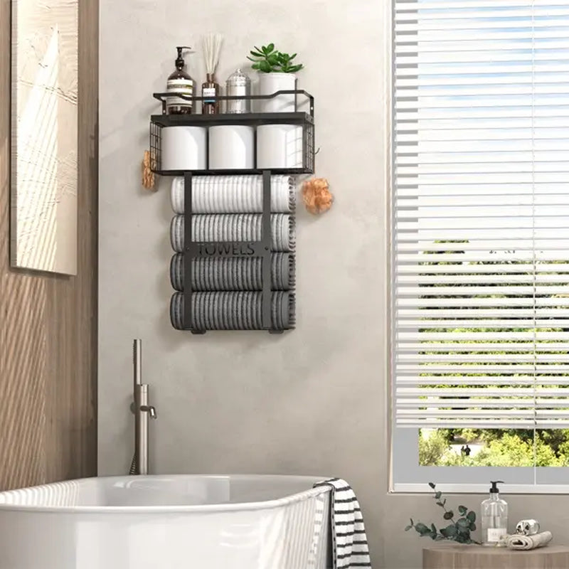 Aetyord Bathroom Organizer Towel Racks for Bathroom, Metal Towel Rack with Storage Basket,Wall Towel Rack for Rolled Towels, Towel Storage for Small Bathroom（Black，Short）