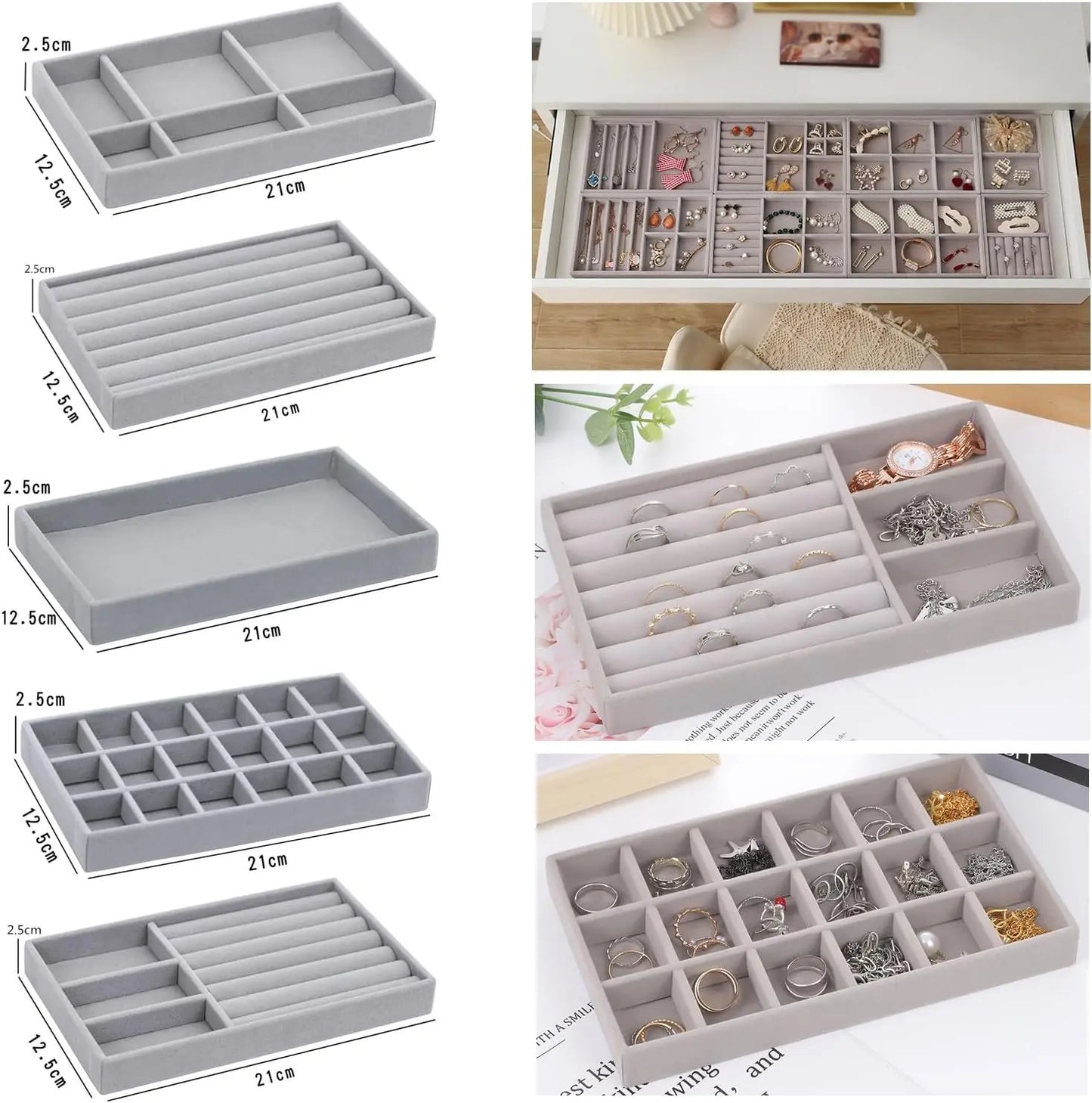 10 Pack Jewelry Trays Drawers, Stackable Jewelry Drawer Organizers Storage Display, Velvet Jewelry Organizer Inserts Drawers Ring Earring Holder, Women Gifts Fit in Wardrobe Dresser