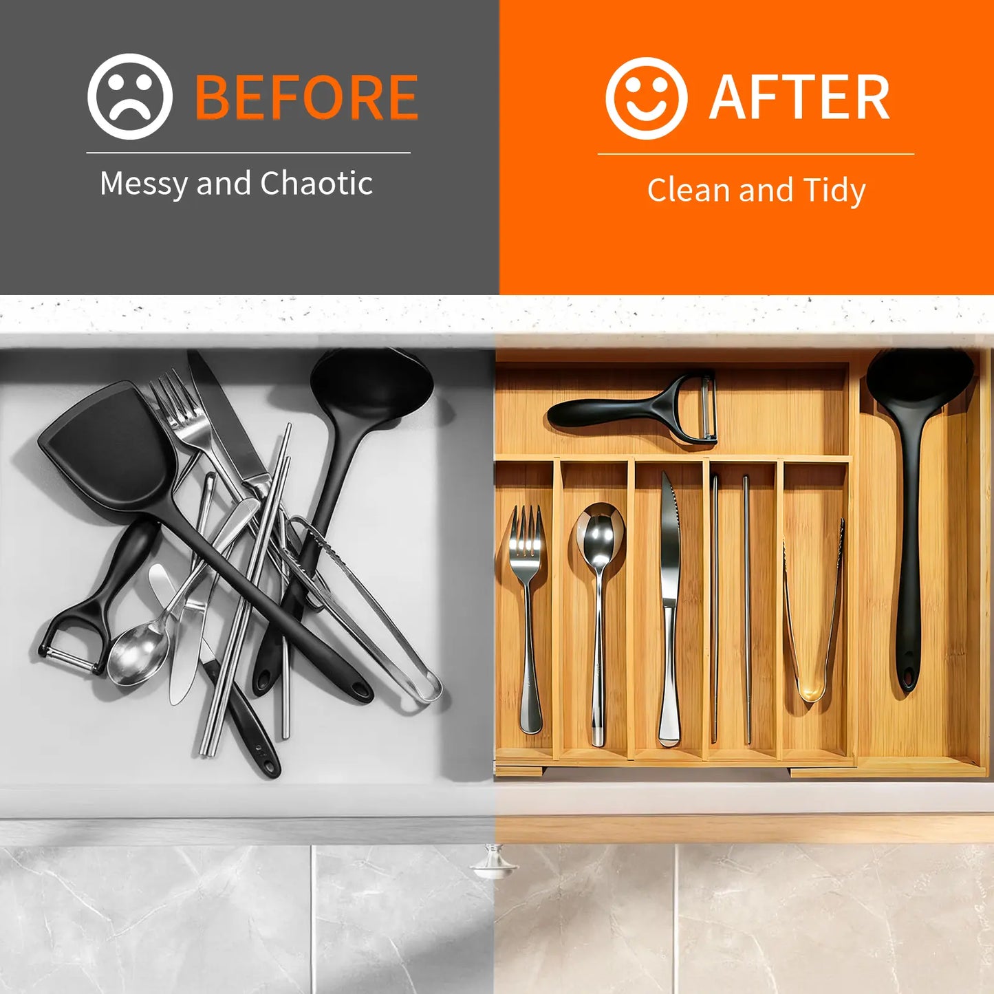 WGCTEK Expandable Kitchen Drawer Organizer Adjustable Utensil Holder & Cutlery Tray Organiser for Silverware Flatware Knives in Kitchen Drawer Divider