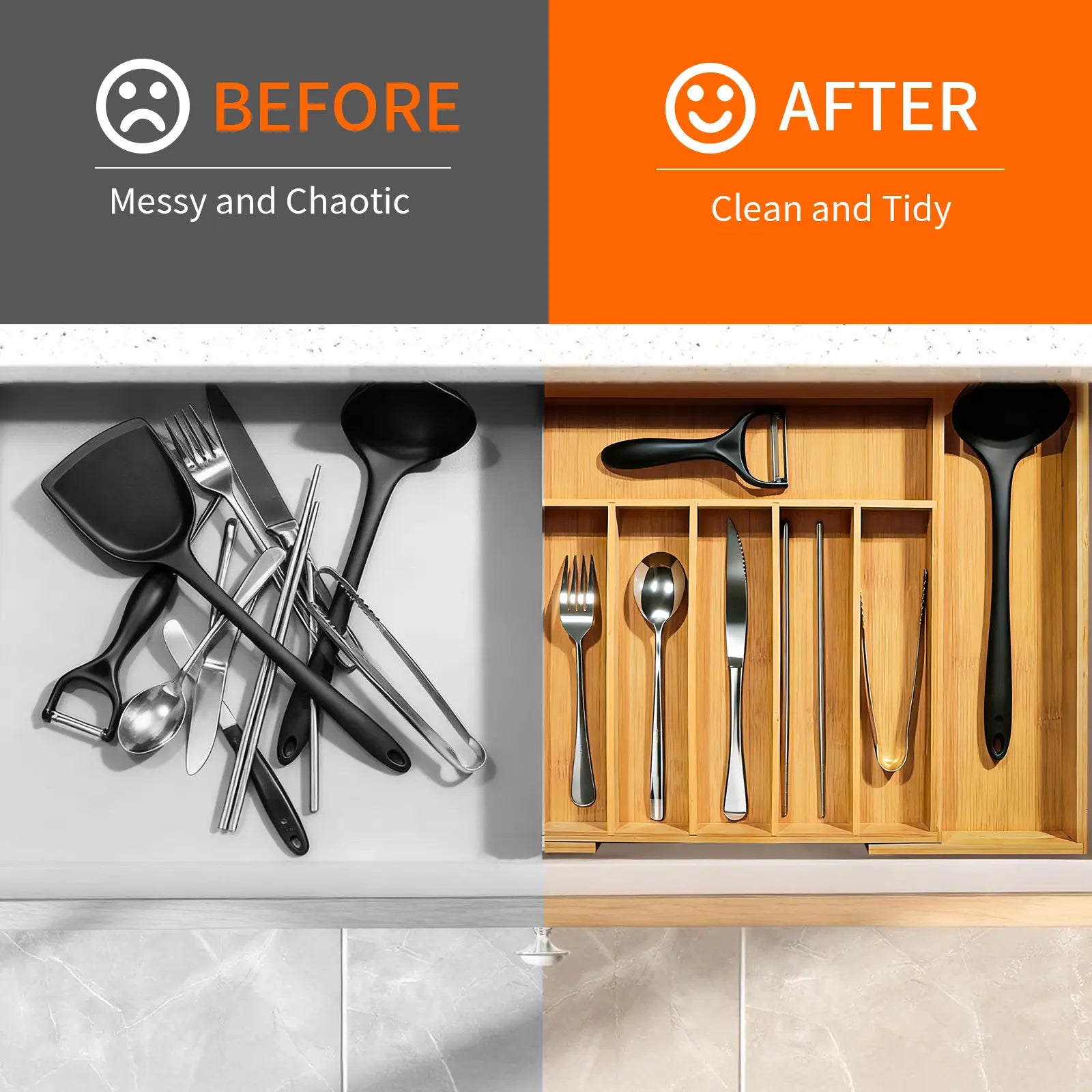 WGCTEK Expandable Kitchen Drawer Organizer Adjustable Utensil Holder & Cutlery Tray Organiser for Silverware Flatware Knives in Kitchen Drawer Divider