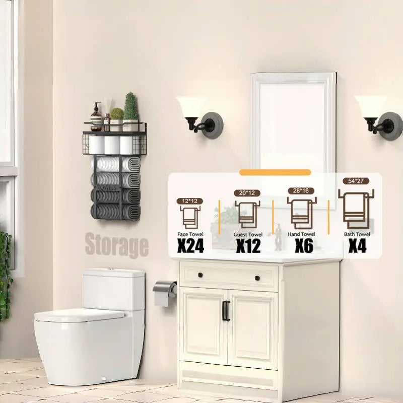 Aetyord Bathroom Organizer Towel Racks for Bathroom, Metal Towel Rack with Storage Basket,Wall Towel Rack for Rolled Towels, Towel Storage for Small Bathroom（Black，Short）