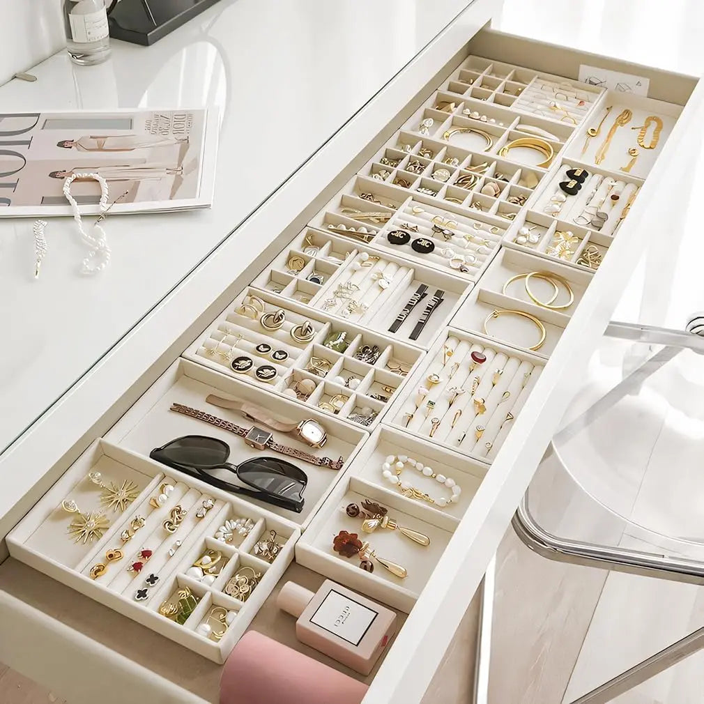 10 Pack Jewelry Trays Drawers, Stackable Jewelry Drawer Organizers Storage Display, Velvet Jewelry Organizer Inserts Drawers Ring Earring Holder, Women Gifts Fit in Wardrobe Dresser