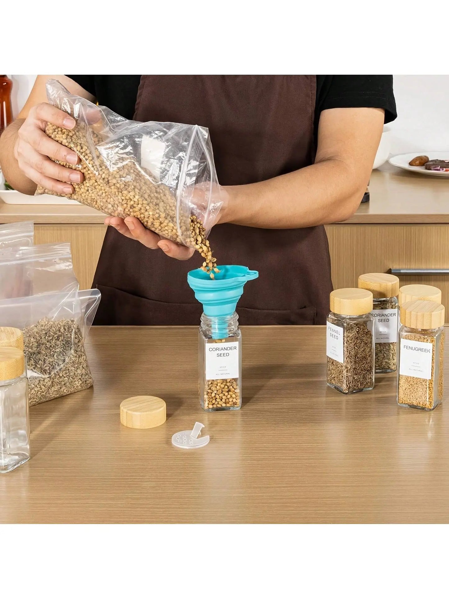 12 Pcs Glass Spice Jars Set - Dinnerware Sets with Airtight Sealing, Bamboo Lids, Shaker Lids, Silicone Funnel, and Label for Easy Refilling and Organization
