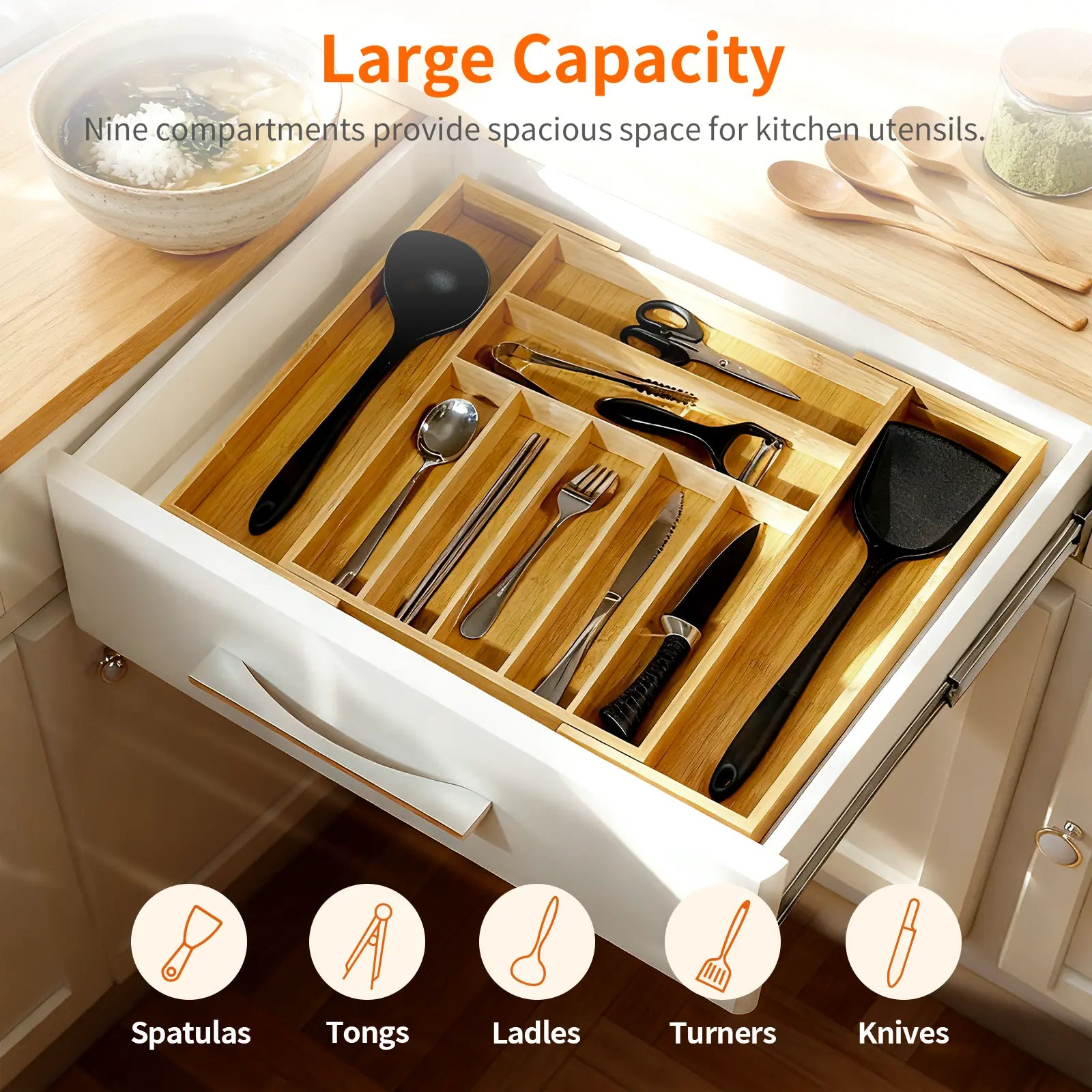 WGCTEK Expandable Kitchen Drawer Organizer Adjustable Utensil Holder & Cutlery Tray Organiser for Silverware Flatware Knives in Kitchen Drawer Divider