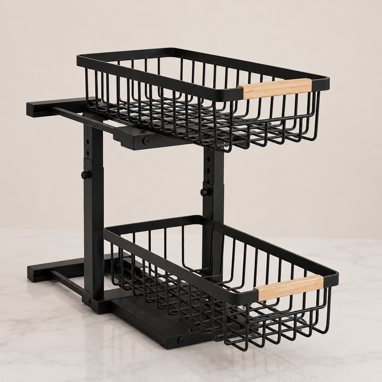 The Adjustable Under-Sink Kitchen Organiser - matte black rack detail