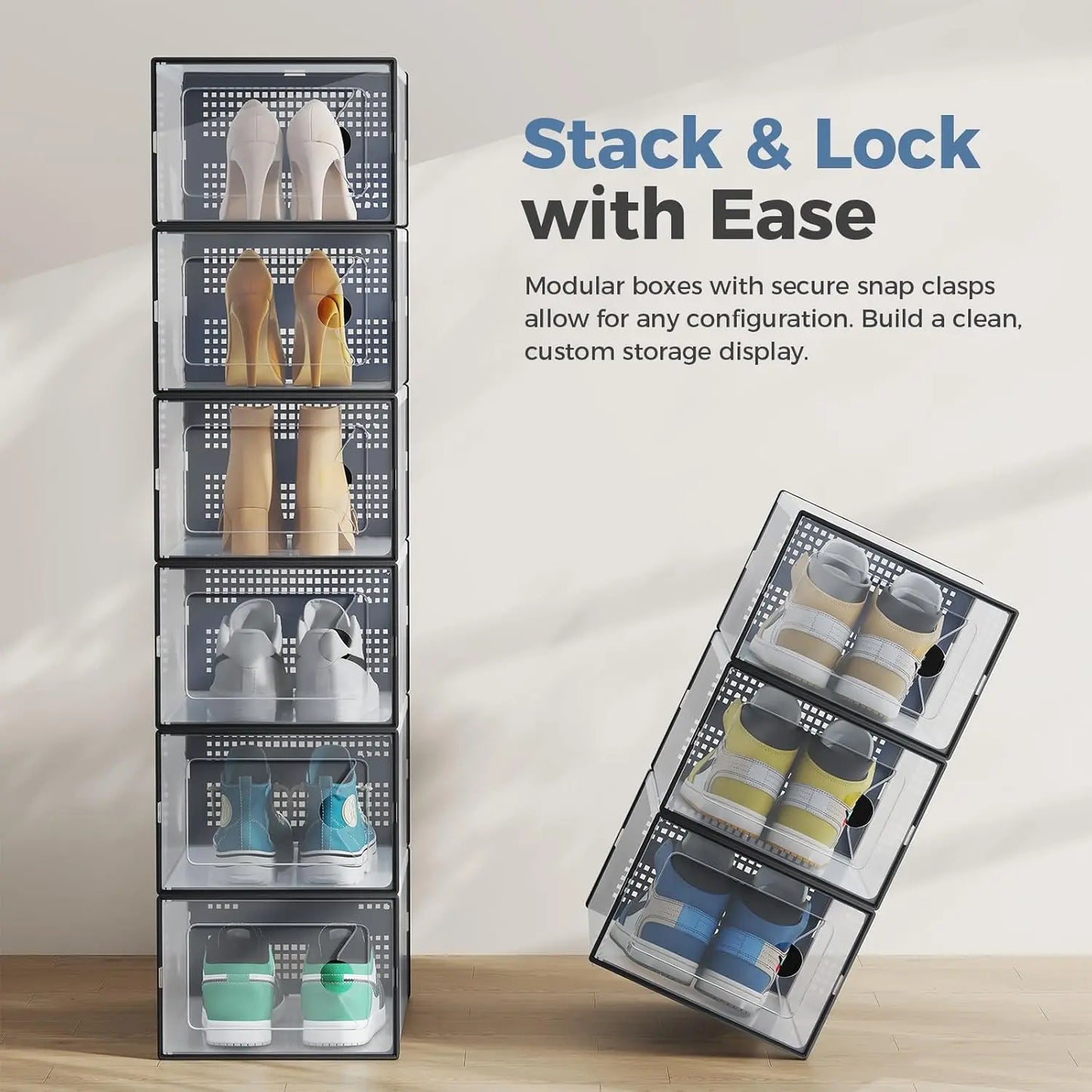 Sweetcrispy 12-Pack Durable PE Plastic Configurable Shoe Storage Boxes with Lids, Stackable High-Capacity Organizer for Closet, Wedges, Closet Organization, Easy to Clean with Mild Soap and Water