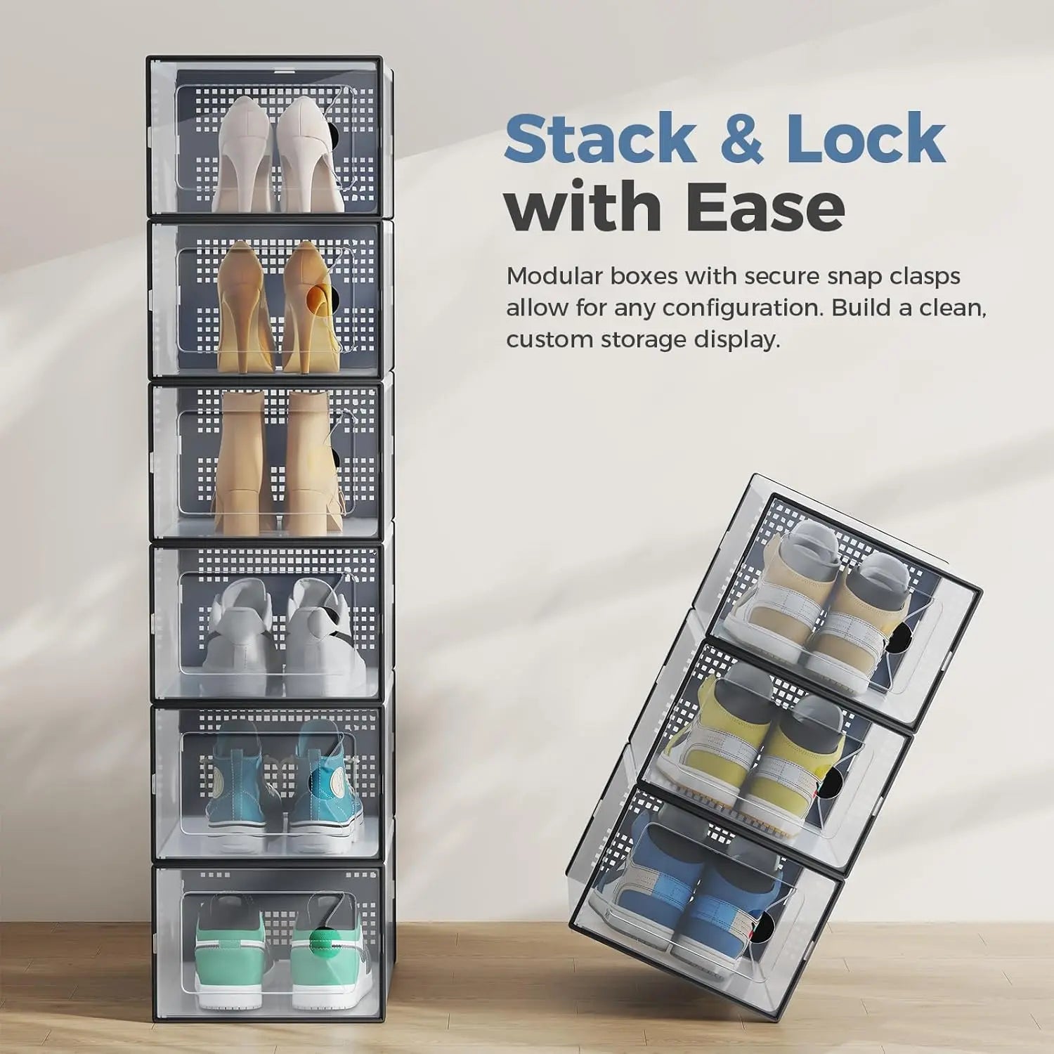Sweetcrispy 12-Pack Durable PE Plastic Configurable Shoe Storage Boxes with Lids, Stackable High-Capacity Organizer for Closet, Wedges, Closet Organization, Easy to Clean with Mild Soap and Water